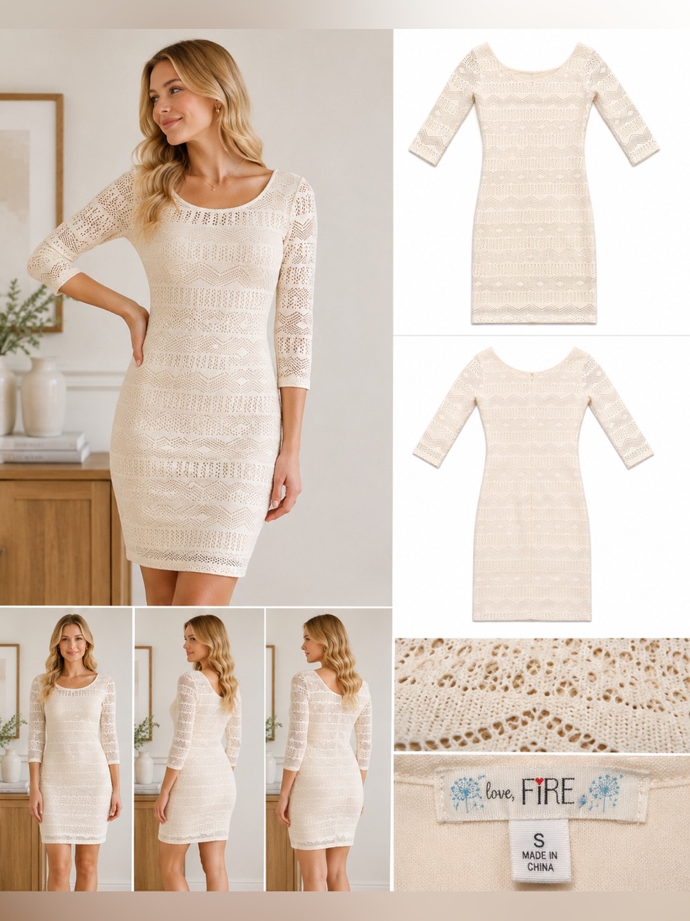 Love Fire Ivory Lace Sheath Dress Small 36” Geometric Crochet Bodycon